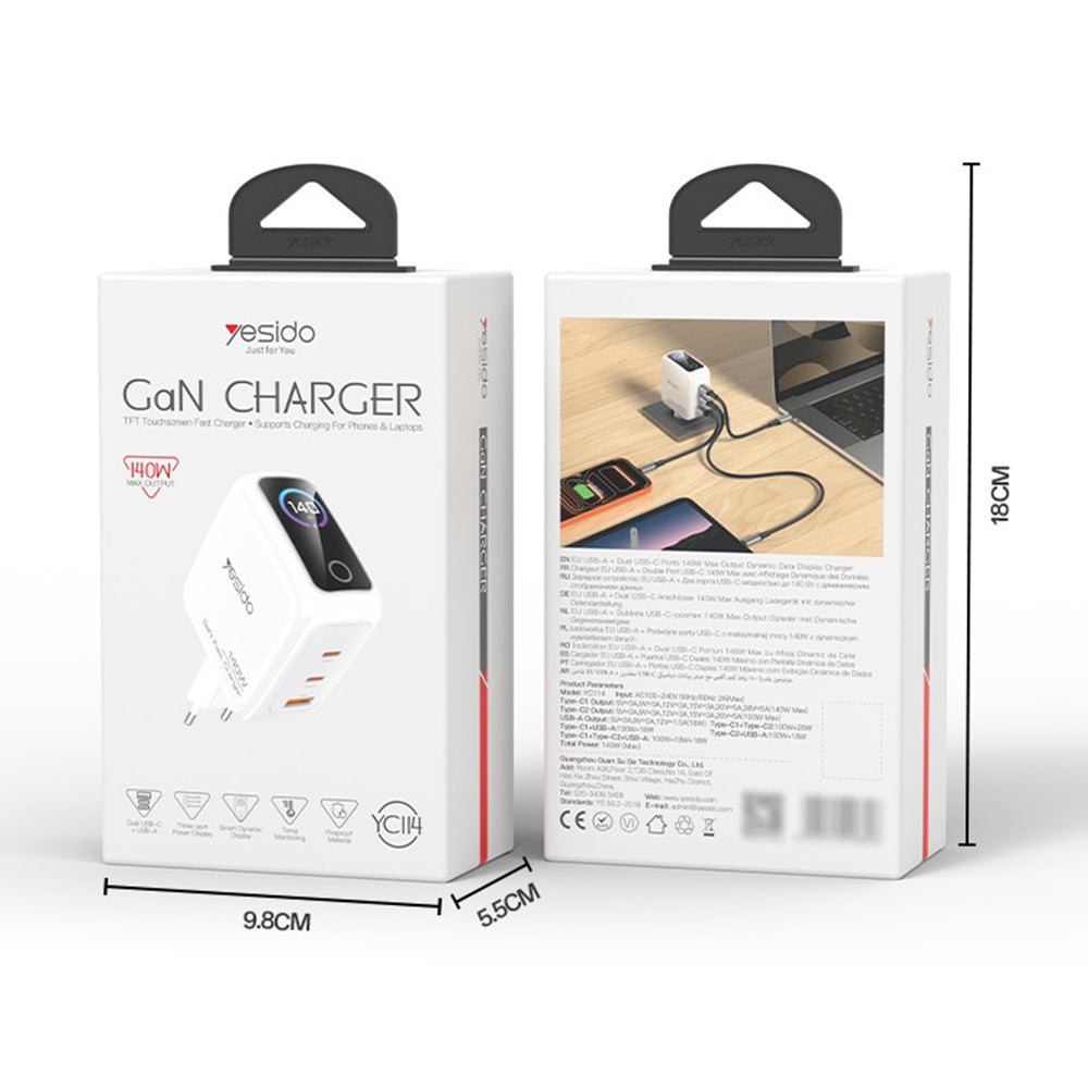 Chargeur secteur Yesido YC114 avec écran, 140W, 5A, 1 x USB-A - 2 x USB-C, Blanc