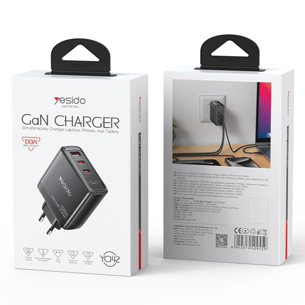 Chargeur Réseau Yesido YC142, 100W, 5A, 1 x USB-A - 2 x USB-C, Noir