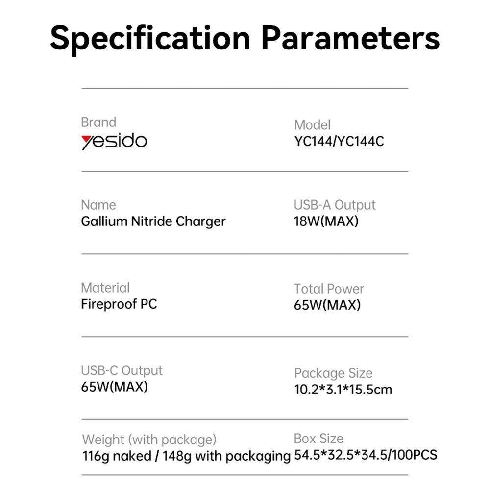 Chargeur Réseau Yesido YC144, 65W, 3.25A, 1 x USB-A - 2 x USB-C, Noir