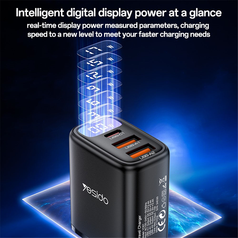 Netwerkoplader Yesido YC67 Display, 17W, 2.4A, 1 x USB-C - 2 x USB-A, Zwart