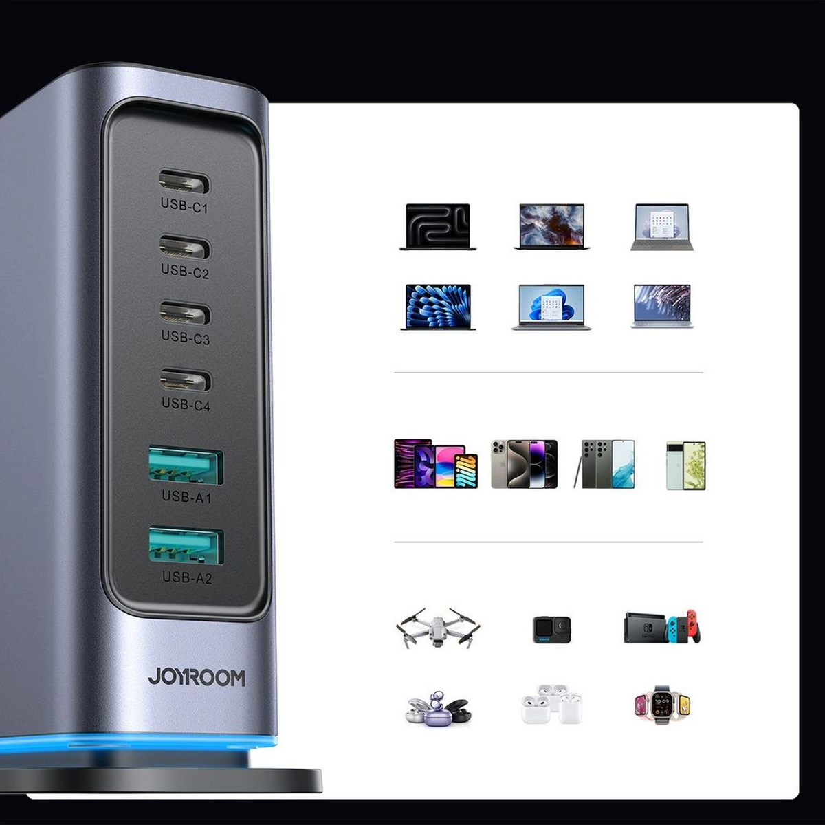 Chargeur Station Joyroom JR-TCM02 UK, 65W, 3.25A, 2 x USB-A - 4 x USB-C, Gris
