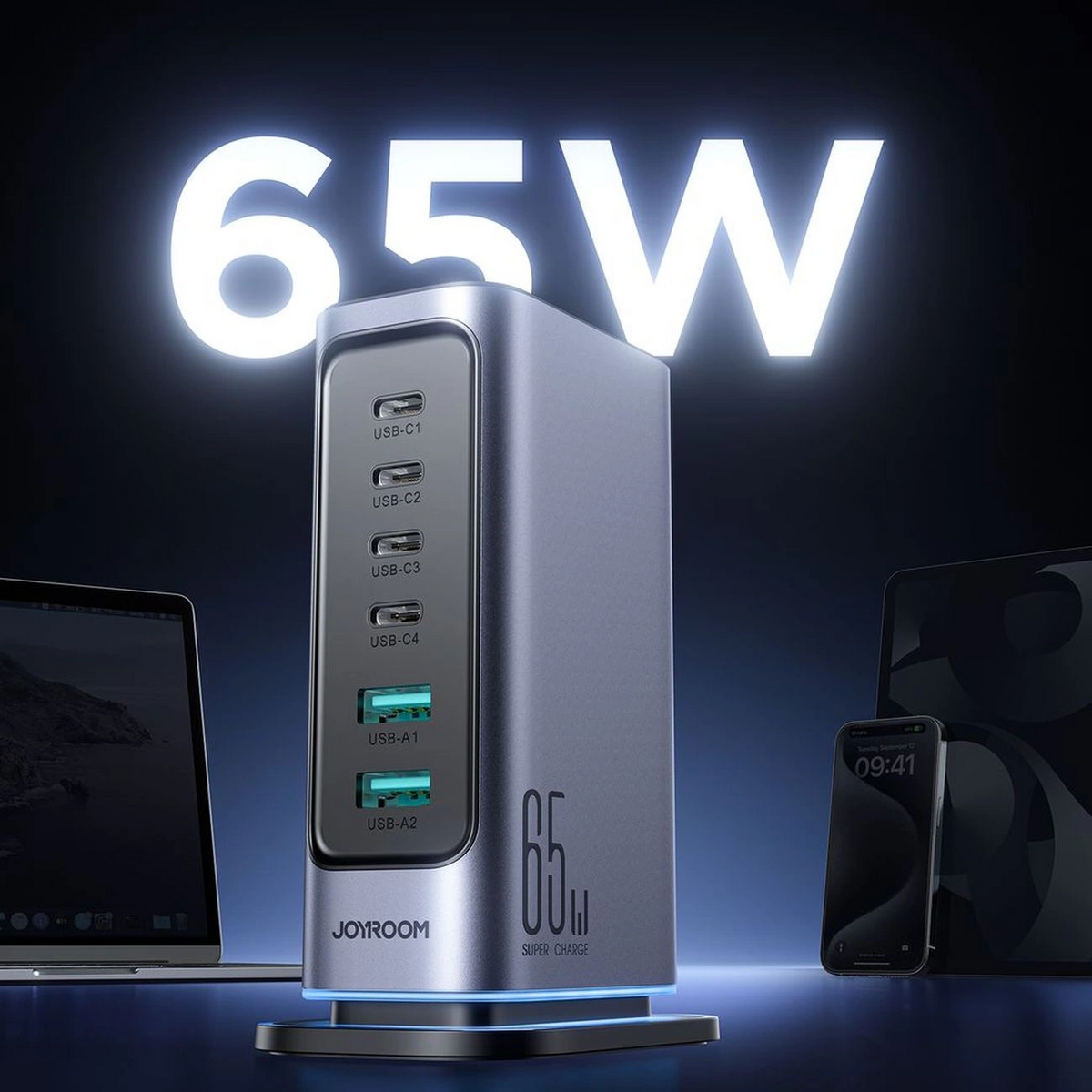 Chargeur Station Joyroom JR-TCM02 UK, 65W, 3.25A, 2 x USB-A - 4 x USB-C, Gris