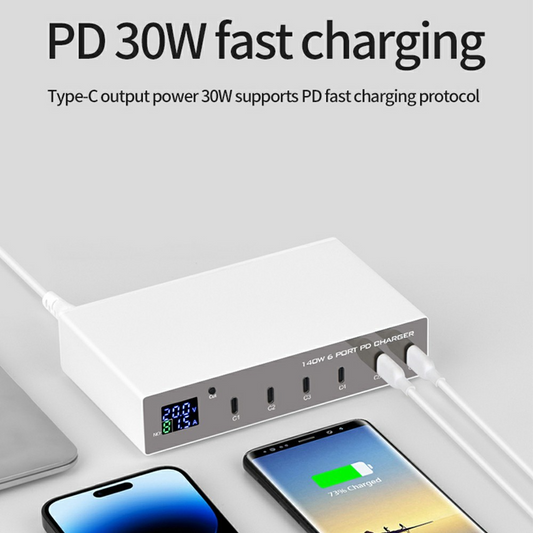 OEM Stationlader WLX-X6P, 140W, 3A, 6 x USB-C, Zilver