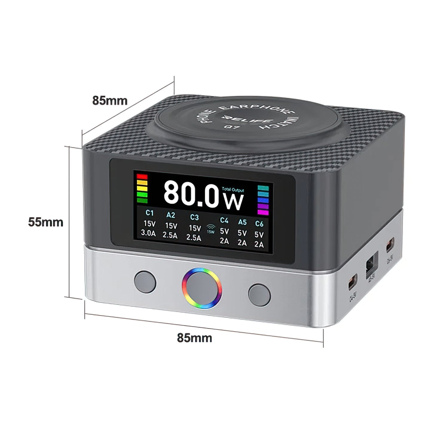 Oplaadstation Relife Q7 QI, 80W, 3.25A, 2 x USB-A - 4 x USB-C, Gri