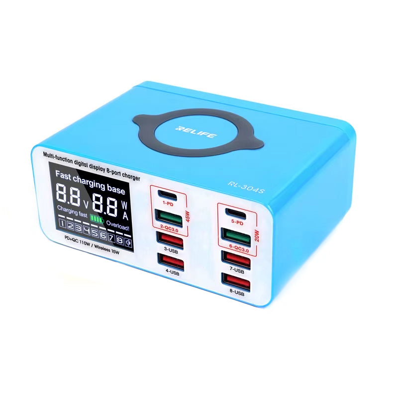Opladerstation Relife RL-304S QI, 110W, 3A, 2 x USB-C - 6 x USB-A, Blauw