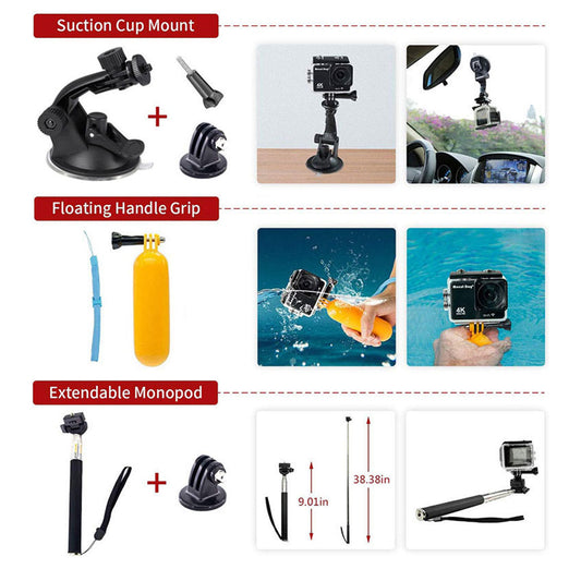 Kit d'accessoires pour caméra sport Techsuit SA15 pour GoPro / SJCAM Series, 15 en 1, Noir