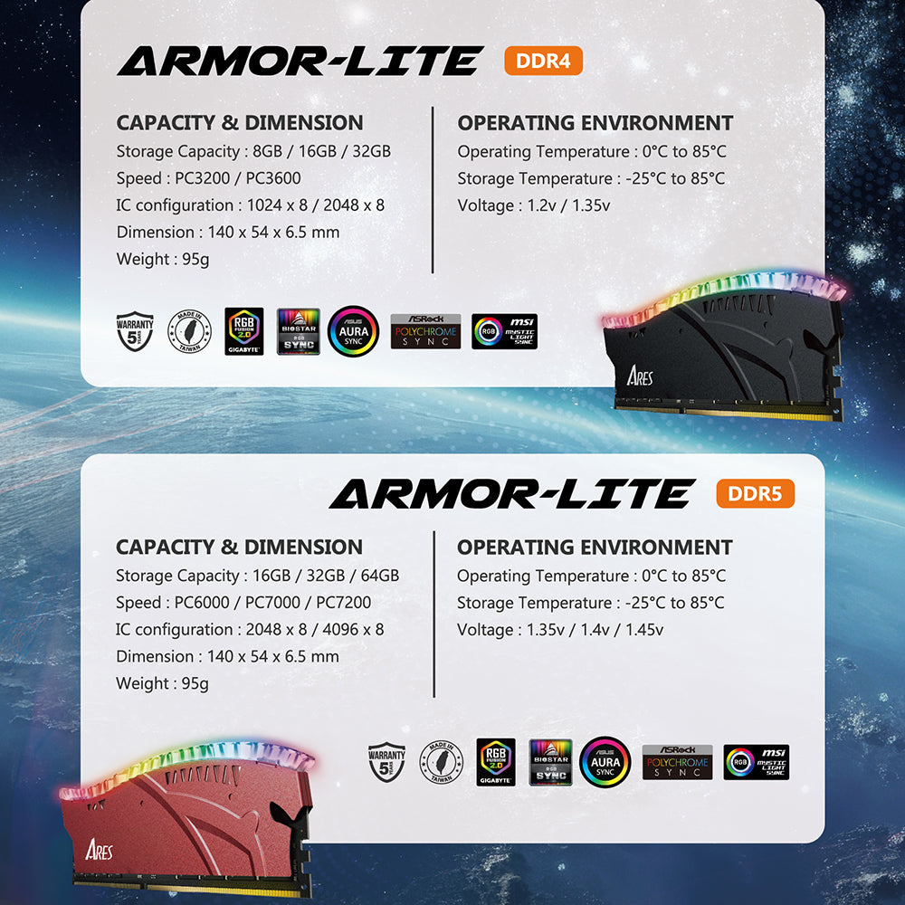 Mémoire RAM Dato Ares Armor Lite, DDR5, RGB, 16GB, 6000Mhz, Gris ARB16G5G60