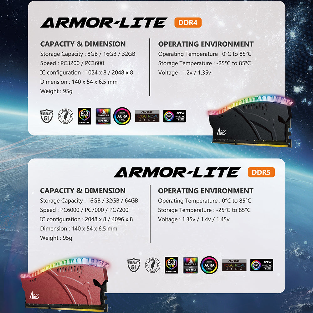 RAM-Speicher Dato Ares Armor Lite, DDR5, RGB, 16GB, 6000Mhz, Schwarz ARB16G5K60