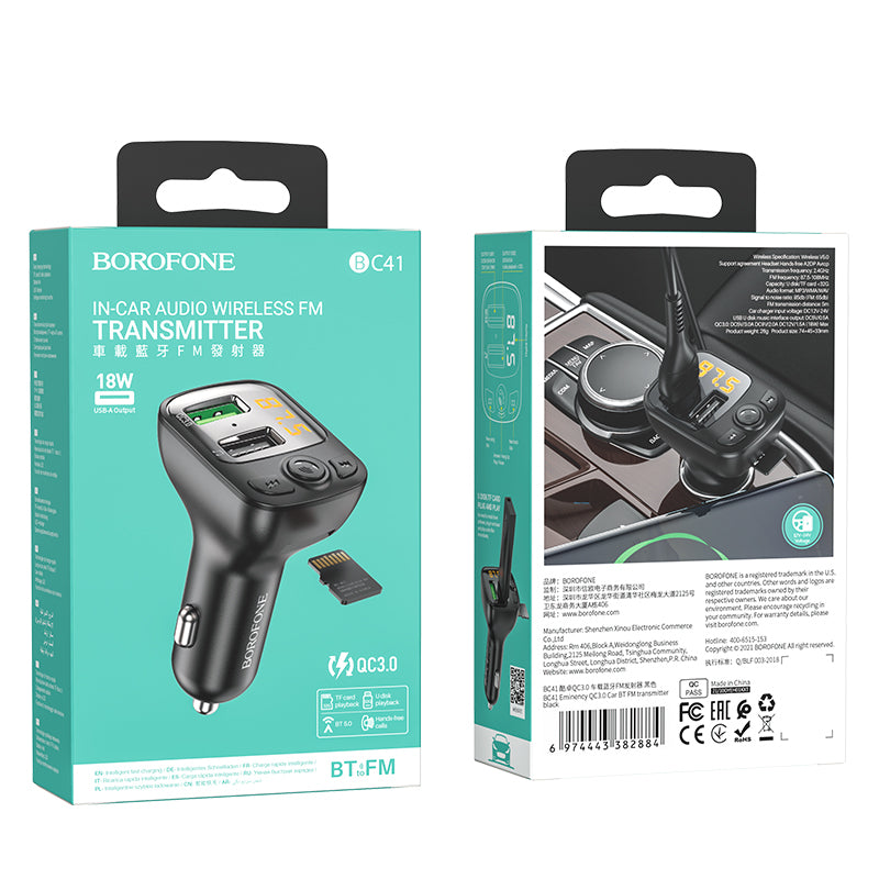 Borofone BC41 Eminency FM-Transmitter Bluetooth | 2x USB-A & microSD | Schwarz