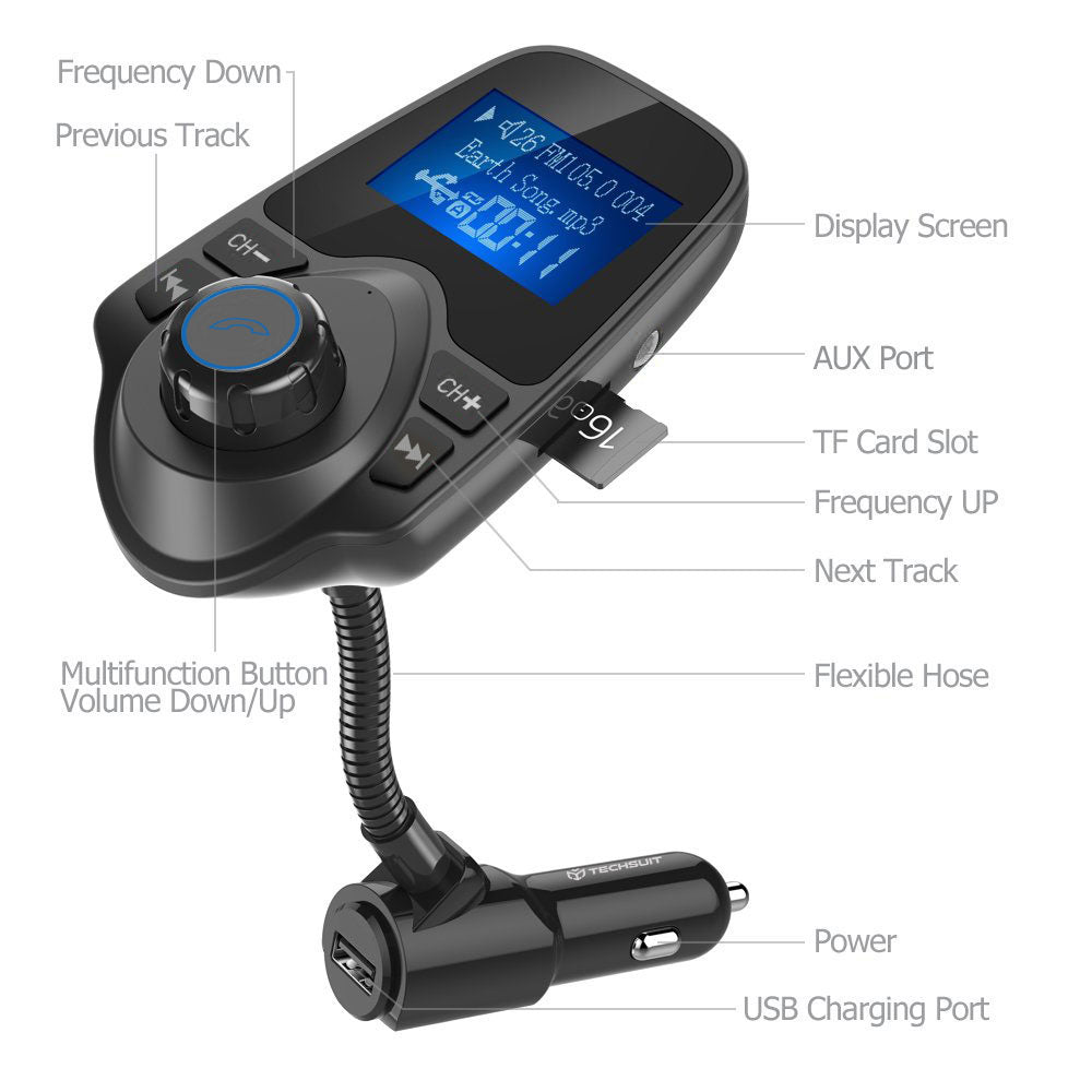FM Bluetooth Modulator Techsuit MFM4, 1 x USB-A - 1 x 3.5mm - 1 x microSD, Zwart