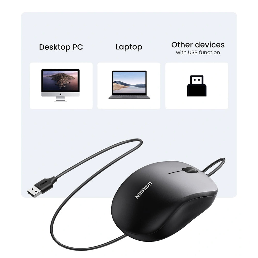 Bedrade USB-muis UGREEN MU007, 1200DPI, 1.5m, Zwart