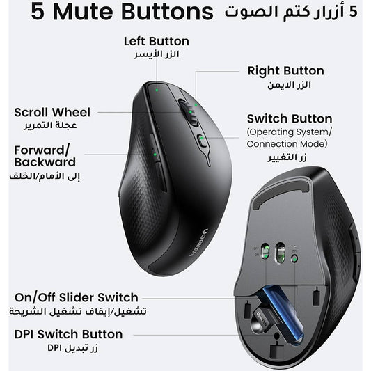 Souris sans fil UGREEN MU101, 4000DPI, BT / Wi-Fi, Noir