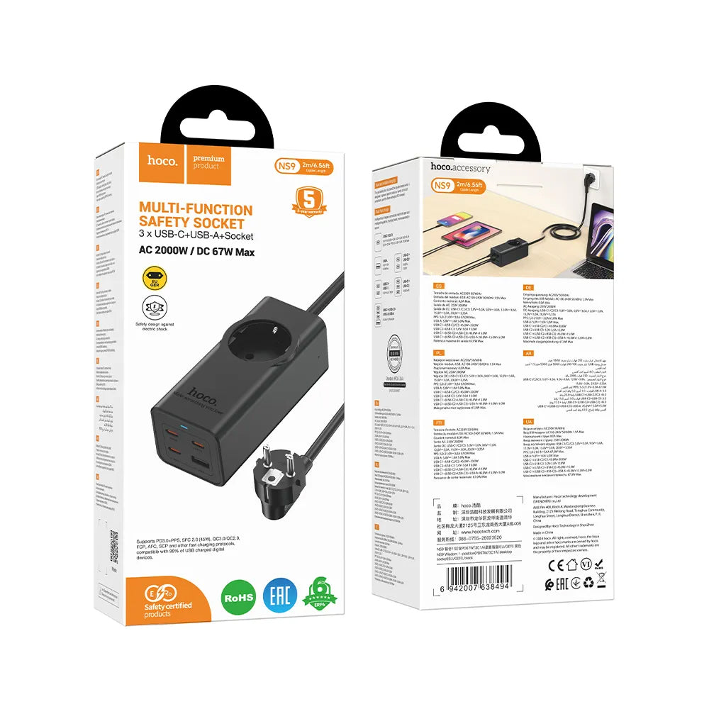 Verlängerungskabel HOCO NS9, 1 x Schuko, Schwarz