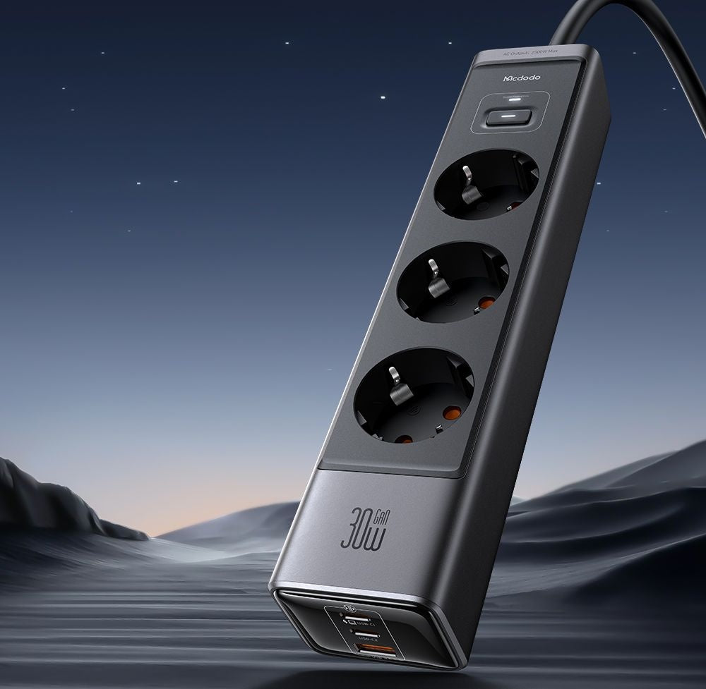 McDodo verlengsnoer CH-0620, 3 x Schuko - 1 x USB-A - 2 x USB-C, Zwart