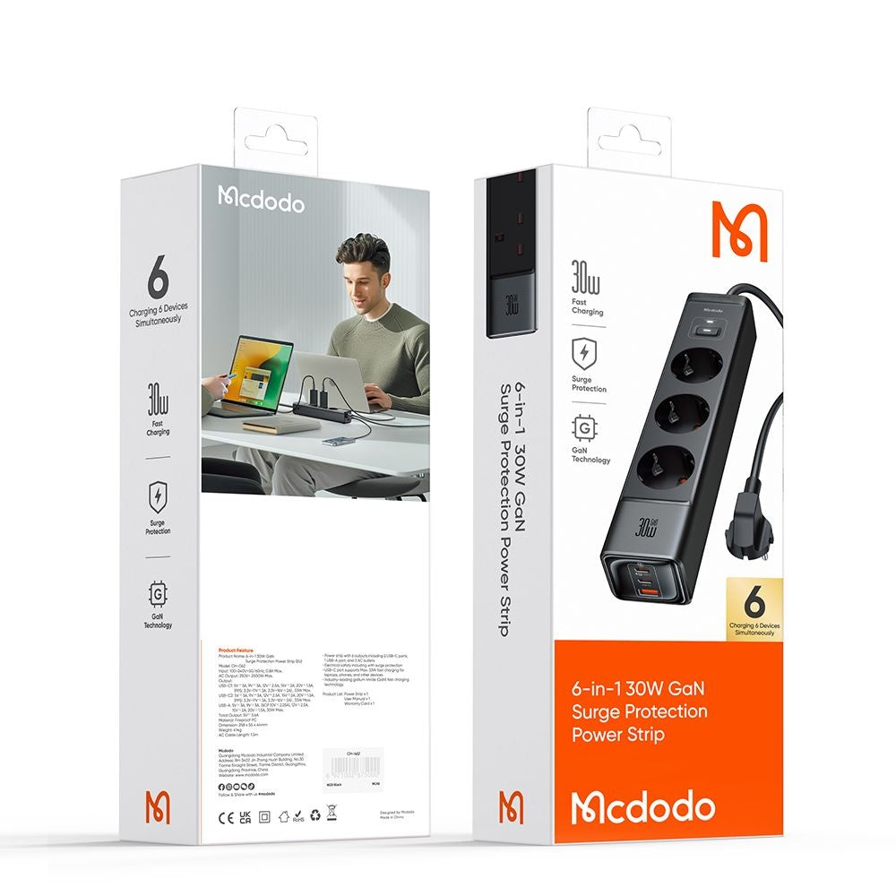 McDodo verlengsnoer CH-0620, 3 x Schuko - 1 x USB-A - 2 x USB-C, Zwart