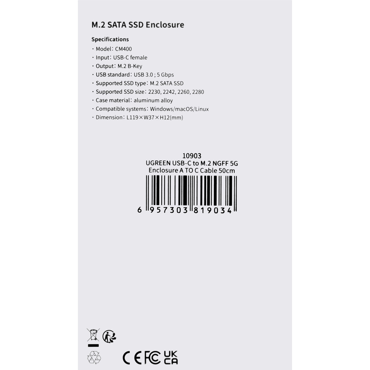 Rack UGREEN CM400 pour SSD SATA M.2 NGFF, Gris