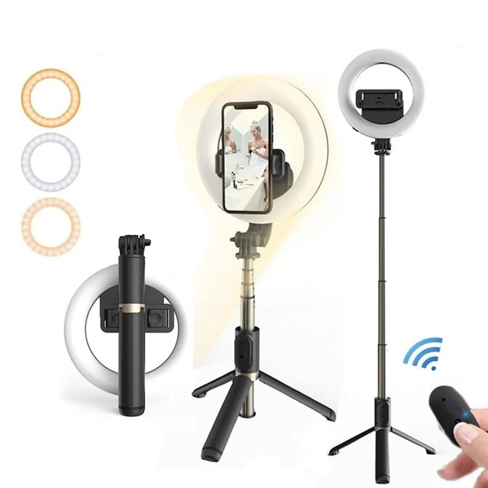 Selfie Stick Bluetooth Techsuit Q07 Ring Light, Universeel, Zwart