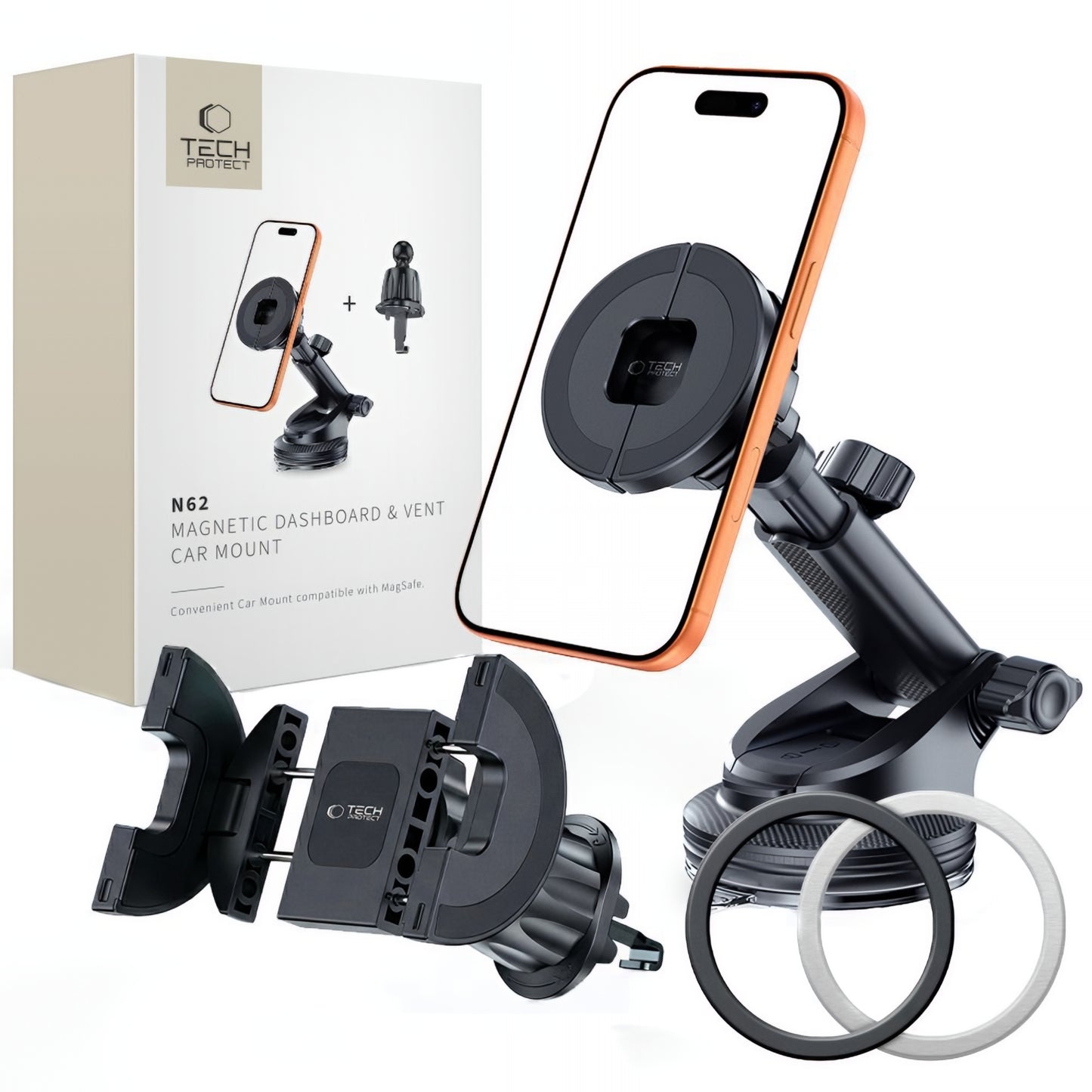 Support Auto Magnétique Tech-Protect N62 2en1, Universel, Noir