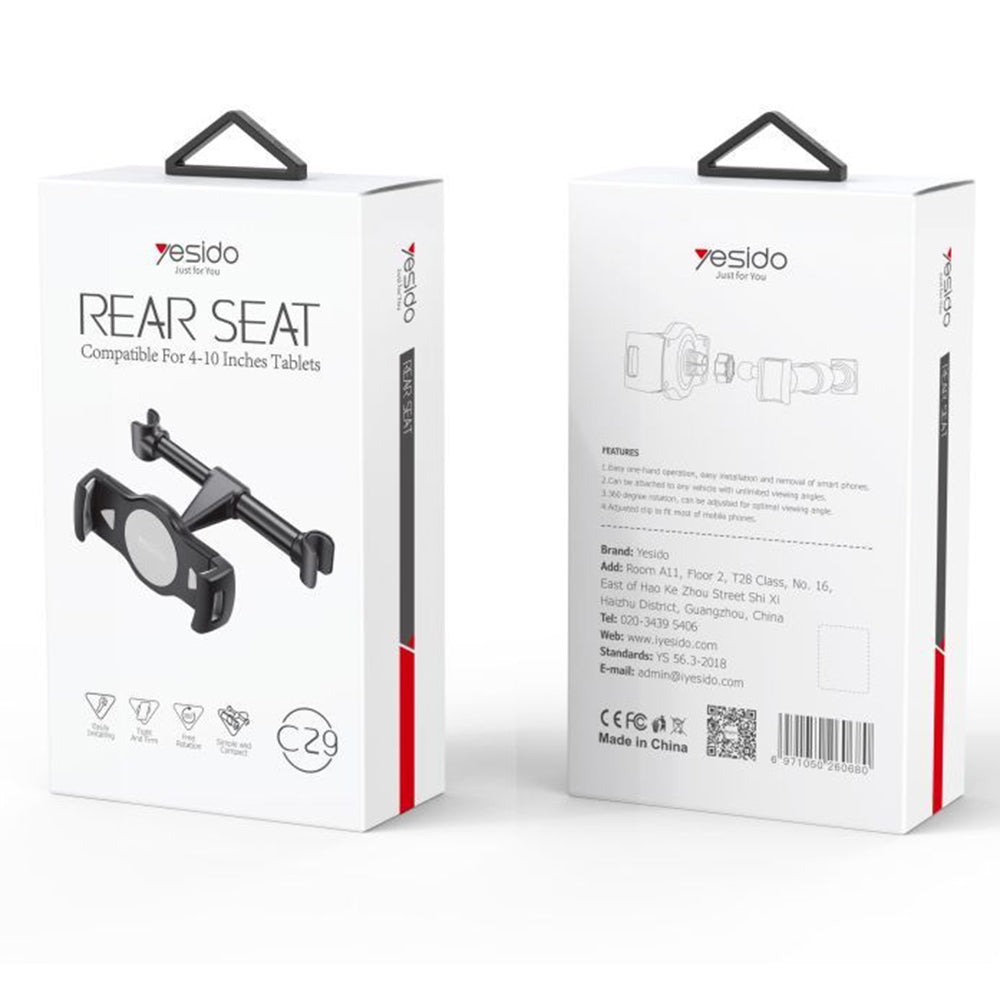 Support Auto Appui-tête Yesido C29 pour Téléphone / Tablette, 4 pouces - 10 pouces, Noir