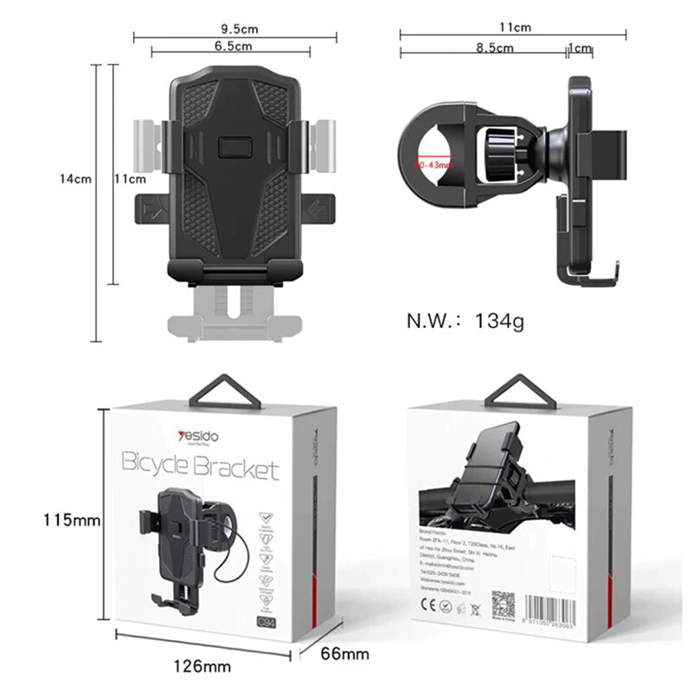 Support Vélo Moto Yesido C94, 4 pouces - 6,5 pouces, Noir