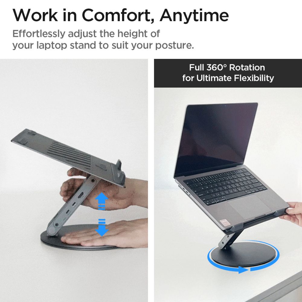 Spigen LD204H Laptopstandaard met Hub max. 15.6inch, Grijs AMP08885
