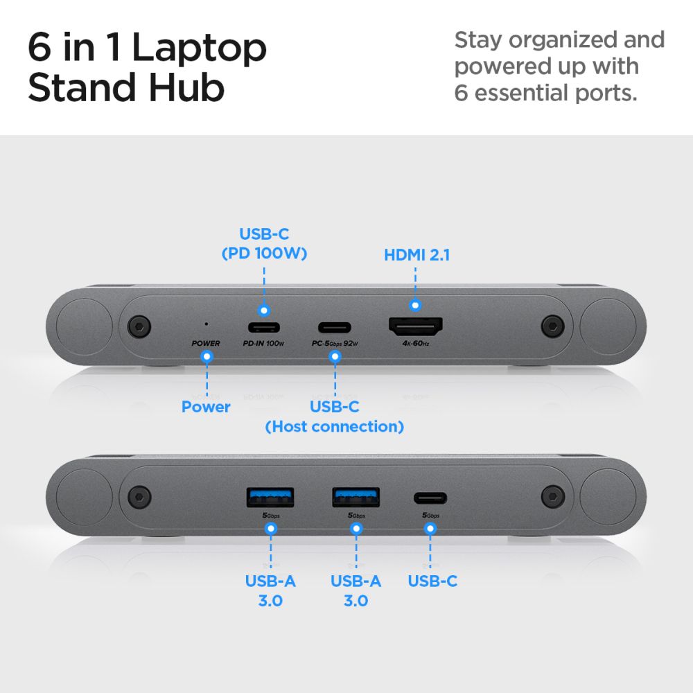Spigen LD204H Laptopstandaard met Hub max. 15.6inch, Grijs AMP08885
