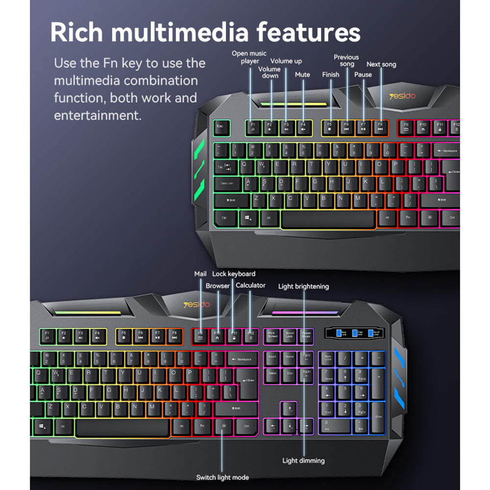 Draadloos Toetsenbord Yesido KB21, RGB, 1.5m, Zwart