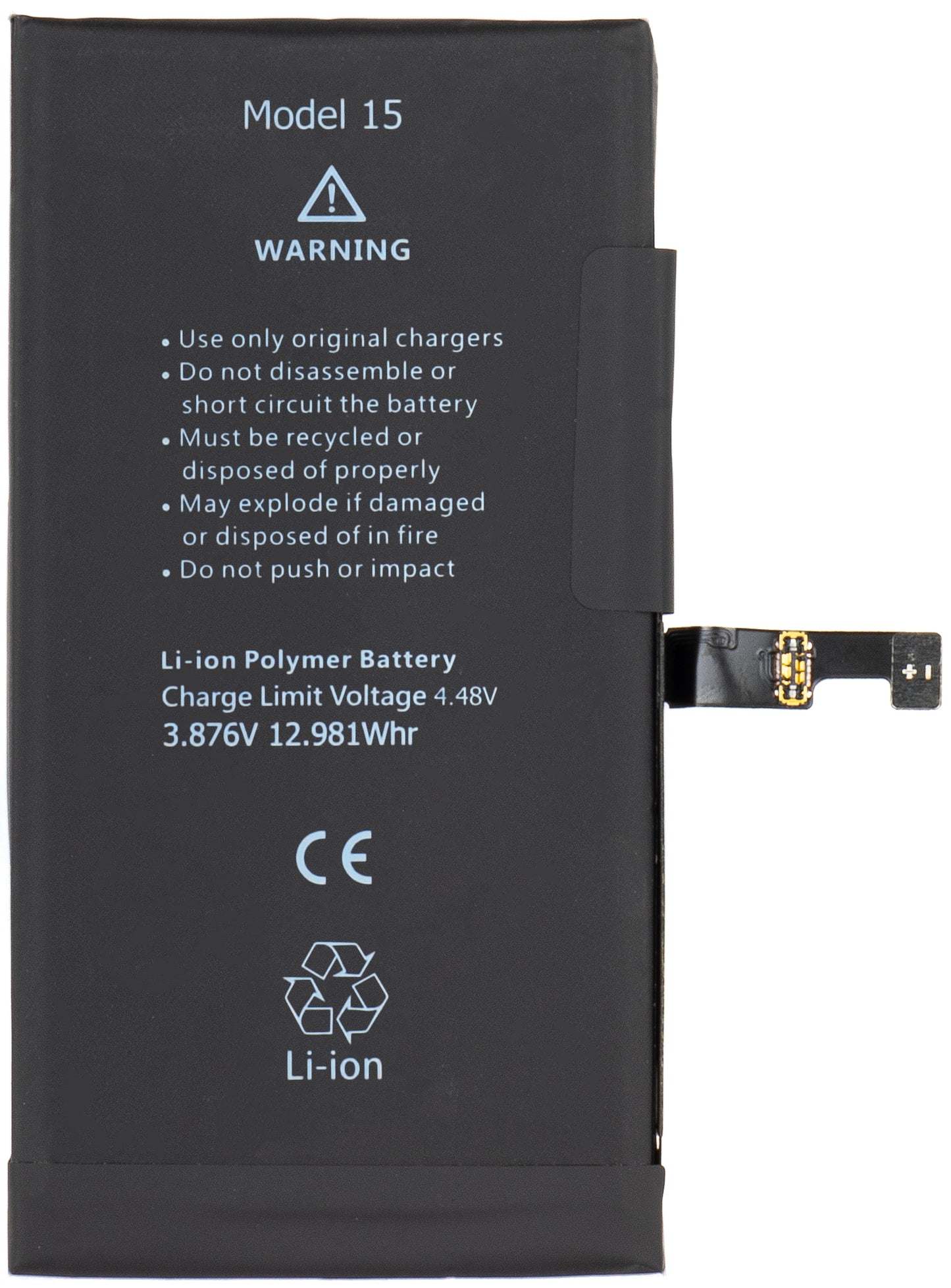 Batterie Apple iPhone 15, avec intégration de la bande Flex BMS (ne nécessite pas de soudure des contacts)
