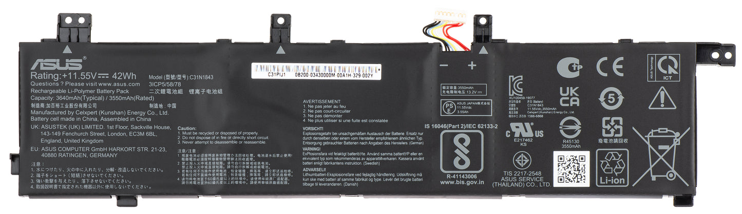 Batterie Asus X532 BATT / COS POLY / C31N1843, 3640mAh, Service Pack 0B200-03430000