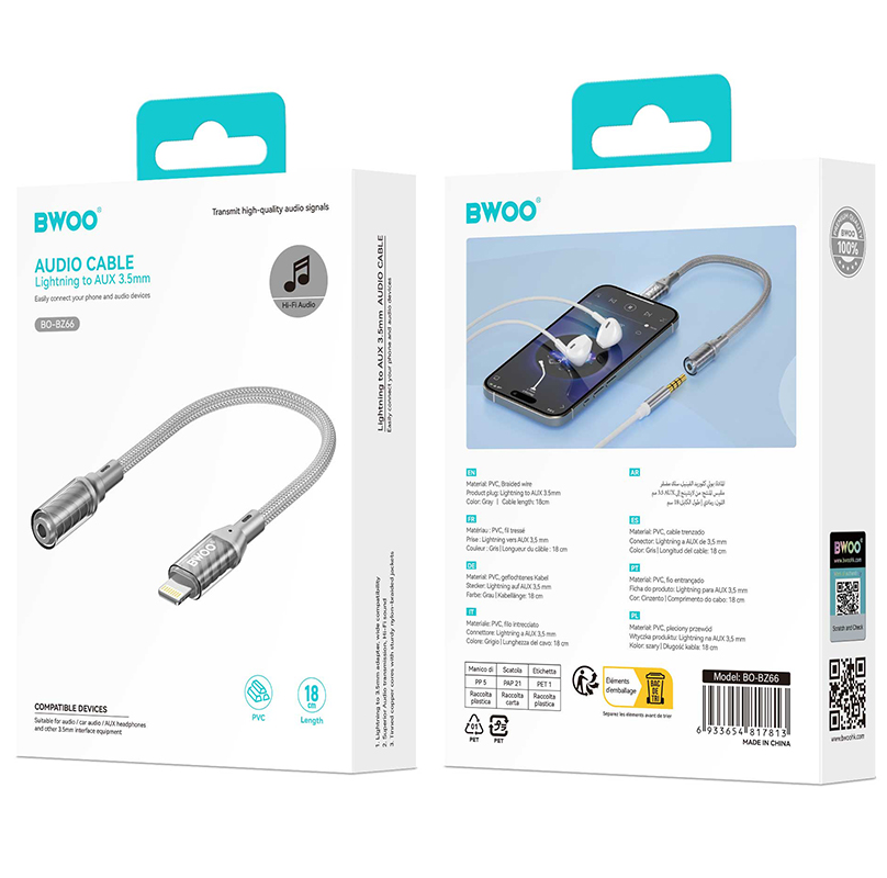 Lightning Audio Adapter - 3.5mm BWOO BZ66, Grijs