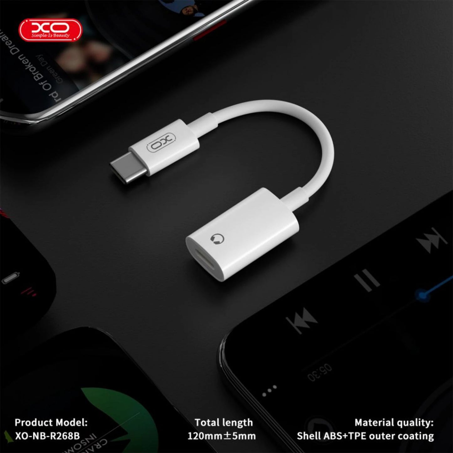 Audio Adapter USB-C - Lightning XO Design NB-R268B, Wit