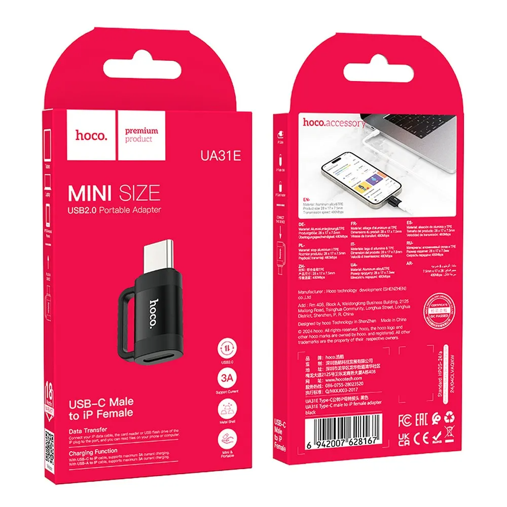 Adaptateur de données et de charge Lightning - USB-C HOCO UA31E, Noir
