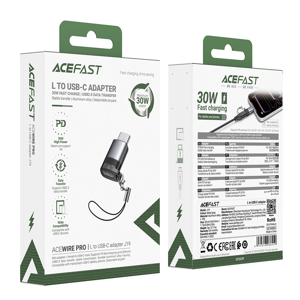 Data- en Oplaadadapter Lightning - USB-C Acefast J19, Grijs