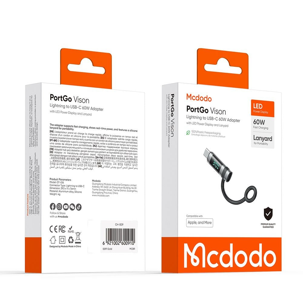 Adaptateur de Données et de Chargement Lightning - USB-C McDodo OT-0180 Pigeon Display, Noir