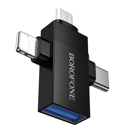 Adaptateur OTG Lightning / microUSB / USB-C - USB-A Borofone BV26D, Noir