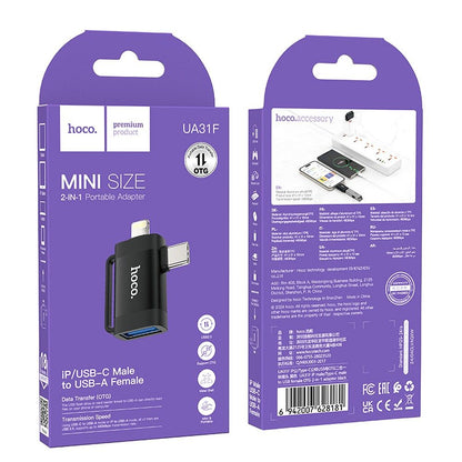 Adaptateur OTG USB-C / Lightning - USB-A HOCO UA31F, Noir