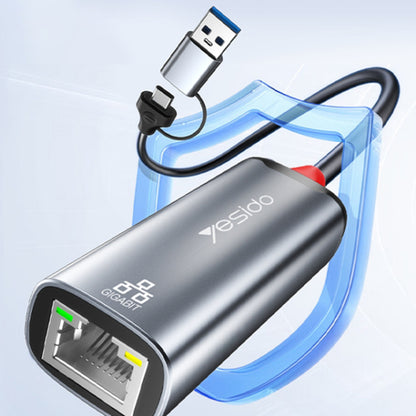 Netwerkadapter Yesido HB26, RJ45, USB / USB-C, Grijs