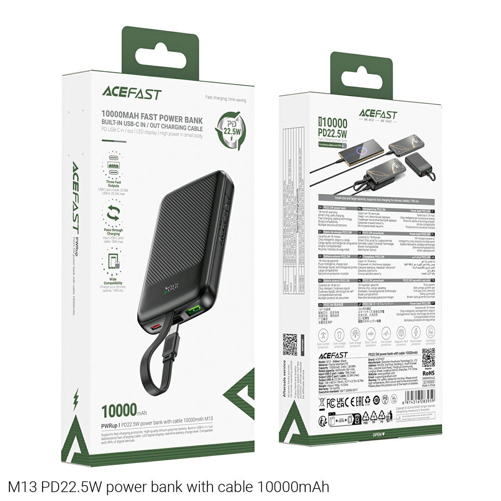 Externe Batterij Acefast M13, 10000mAh, 22.5W, QC + PD, 1 x USB-A - 2 x USB-C, Zwart