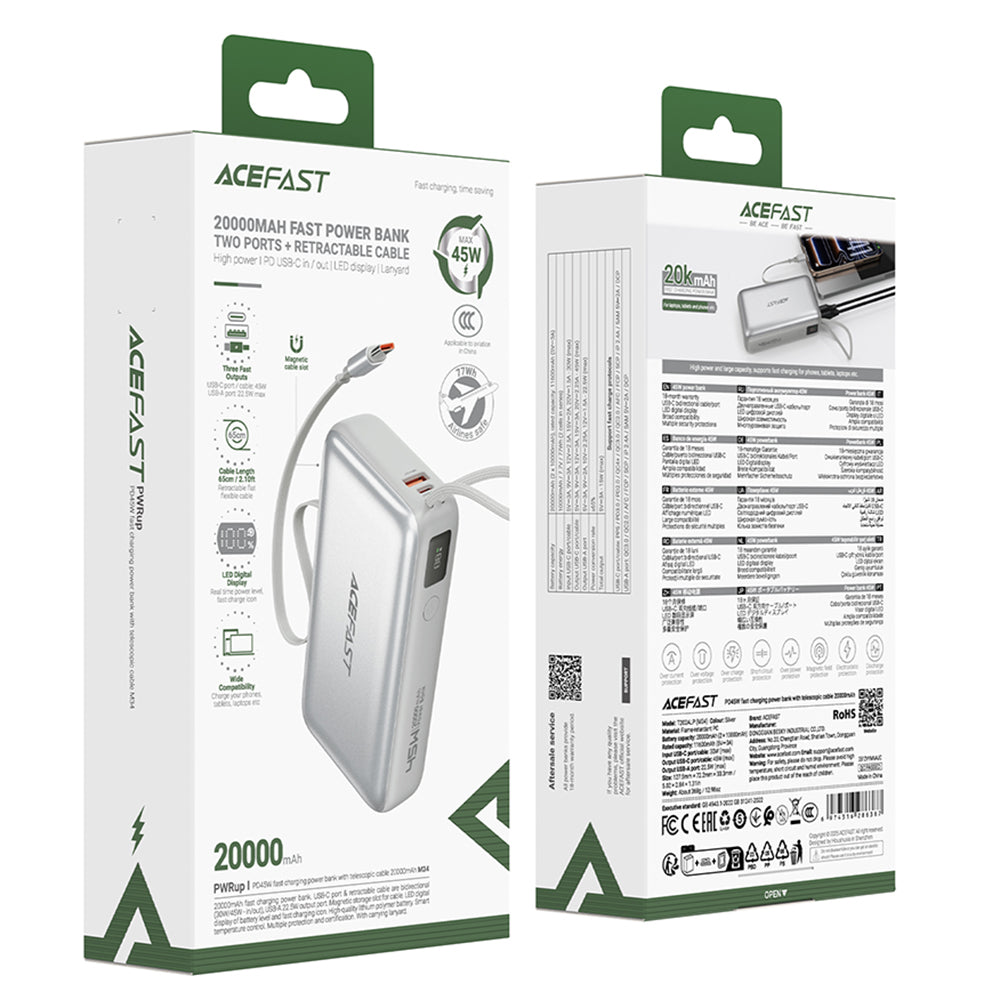 Externe Batterij Acefast M34, 20000mAh, 45W, QC + PD, 1 x USB-A - 2 x USB-C, Zilverkleurig