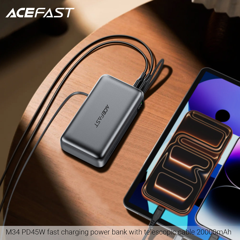 Externe Batterij Acefast M34, 20000mAh, 45W, QC + PD, 1 x USB-A - 2 x USB-C, Zilverkleurig