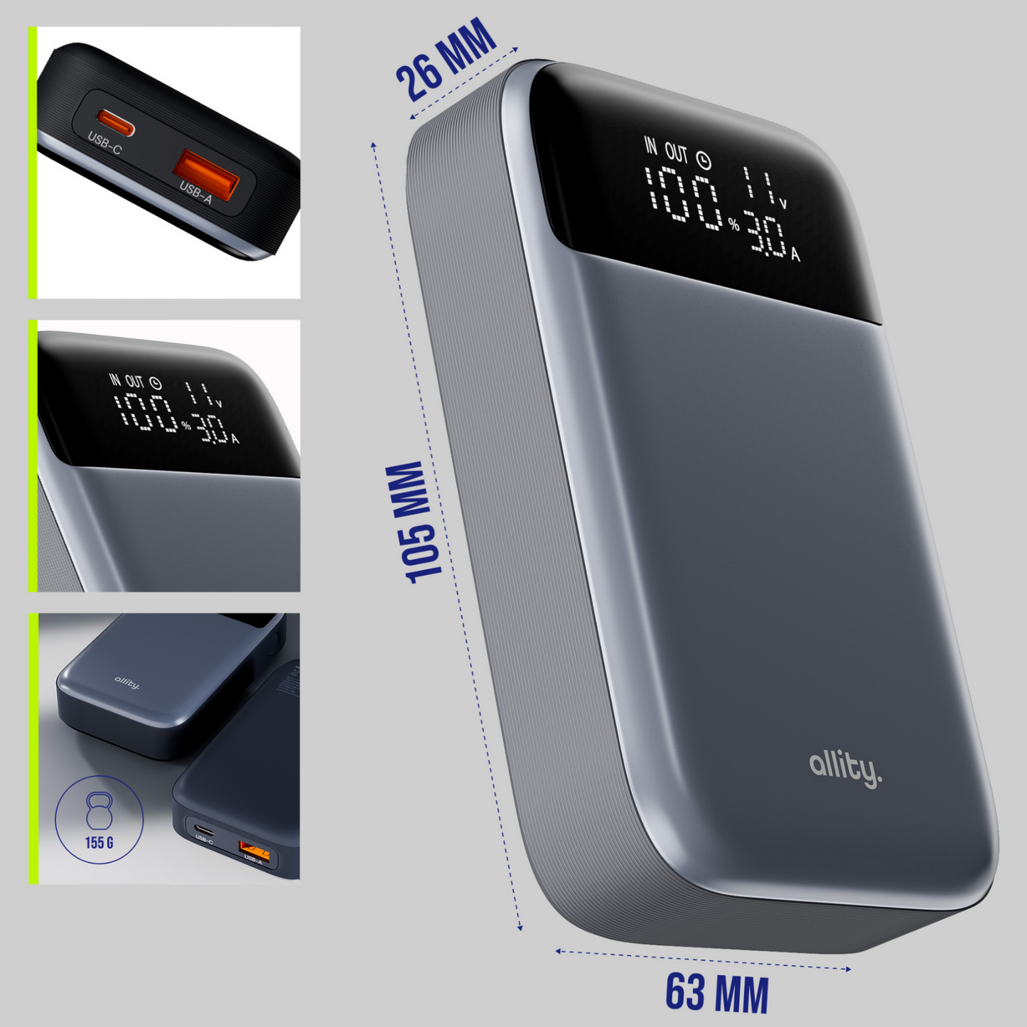 Externer Akku Allity. APB-200 PocketPower, 10000mAh, 33W, QC + PD, 1 x USB-A - 1 x USB-C, Grau