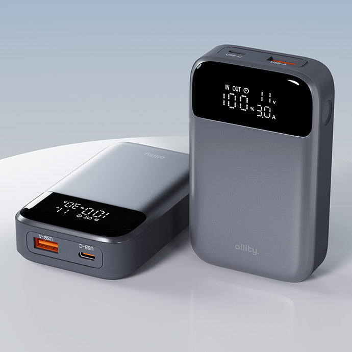 Externer Akku Allity. APB-200 PocketPower, 10000mAh, 33W, QC + PD, 1 x USB-A - 1 x USB-C, Grau