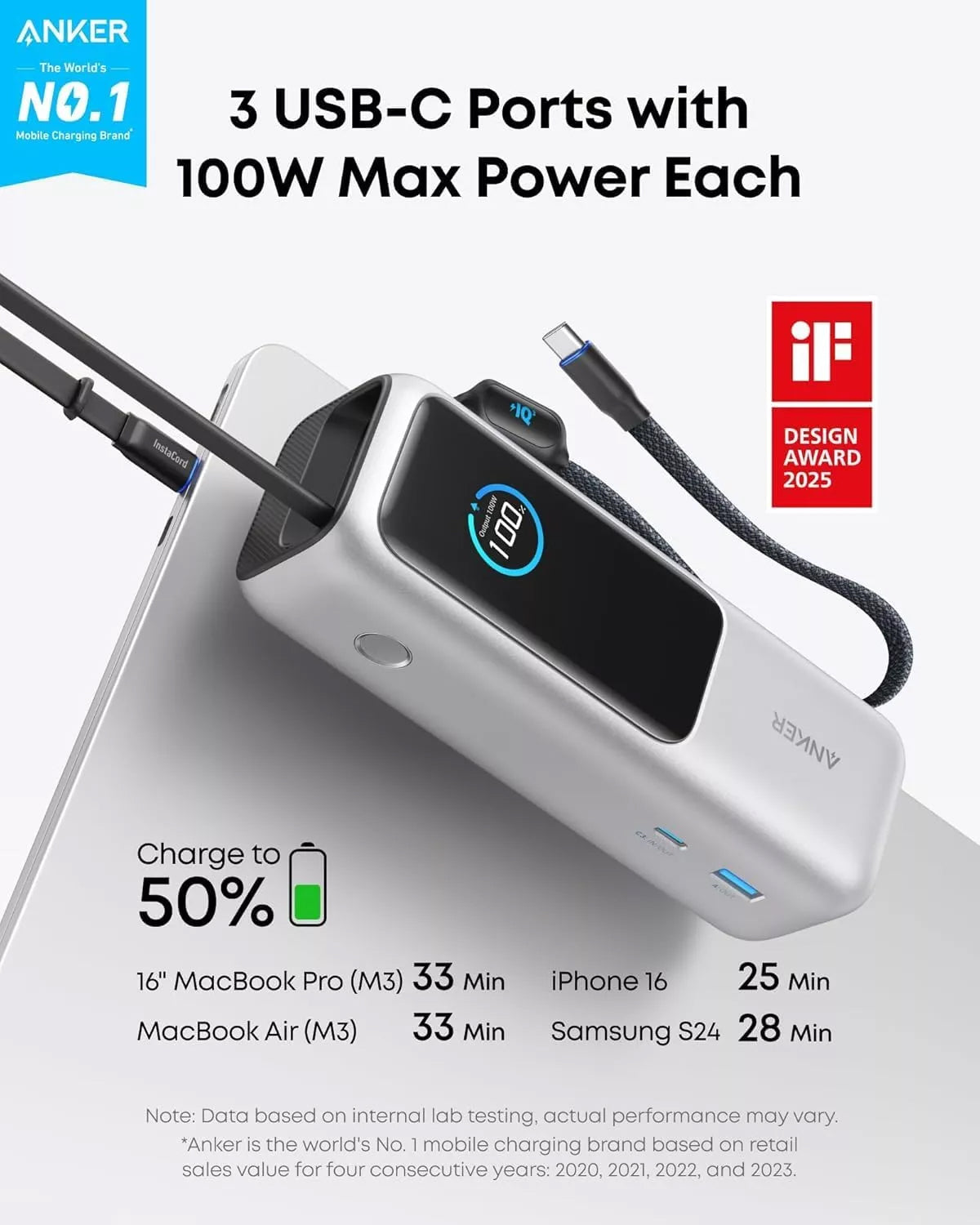 Batterie Externe Anker, 25000mAh, 165W, QC + PD, 1 x USB-A - 3 x USB-C, Argentée A1695H41