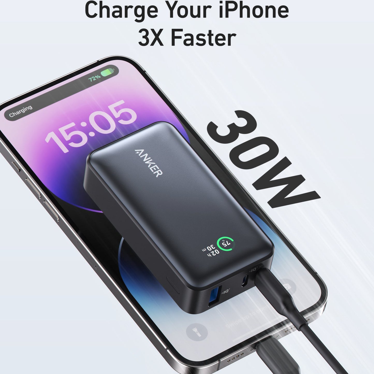 Externe Batterij Anker 533, 10000mAh, 30W, QC + PD, 1 x USB-A - 2 x USB-C, Zwart A1256G11