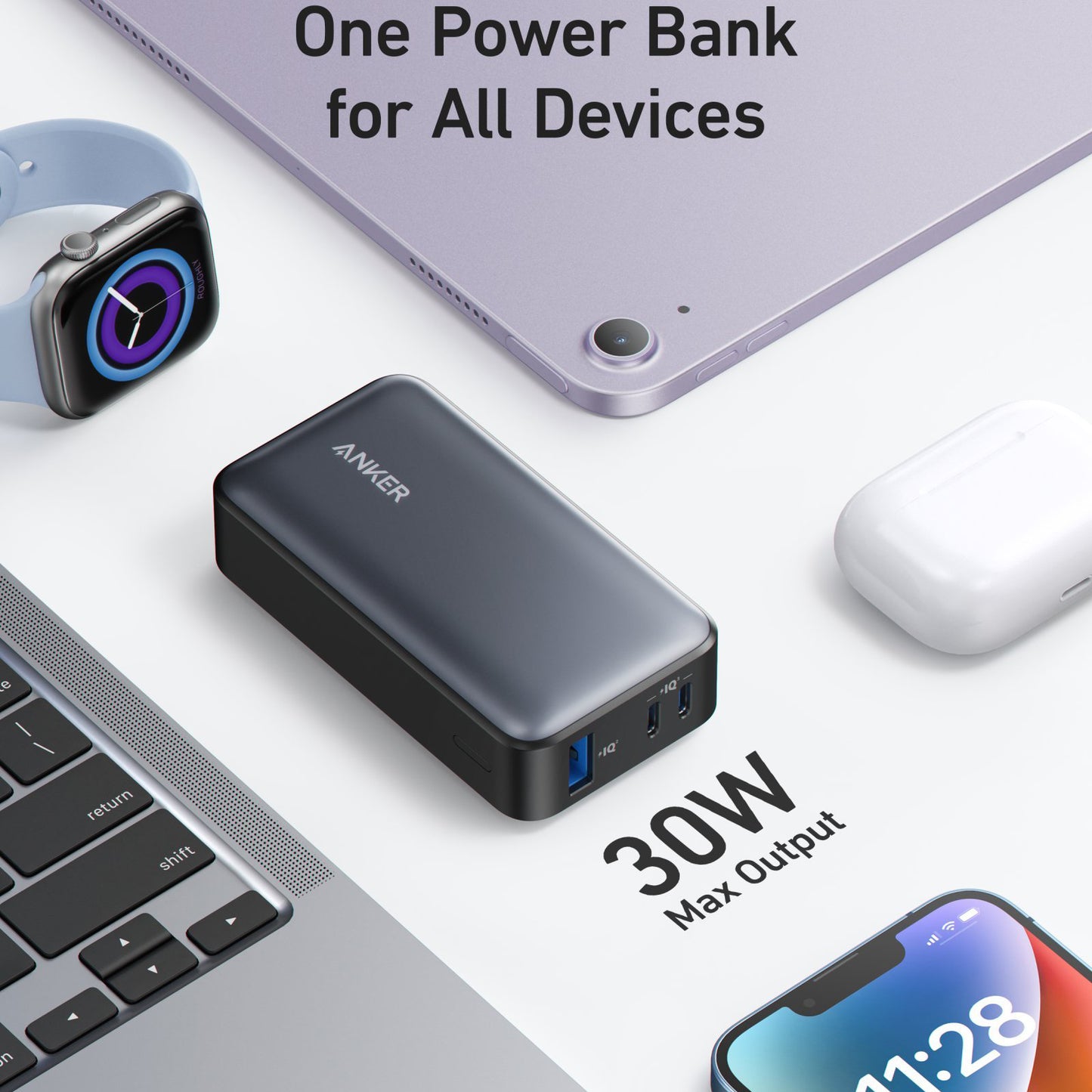 Externe Batterij Anker 533, 10000mAh, 30W, QC + PD, 1 x USB-A - 2 x USB-C, Zwart A1256G11