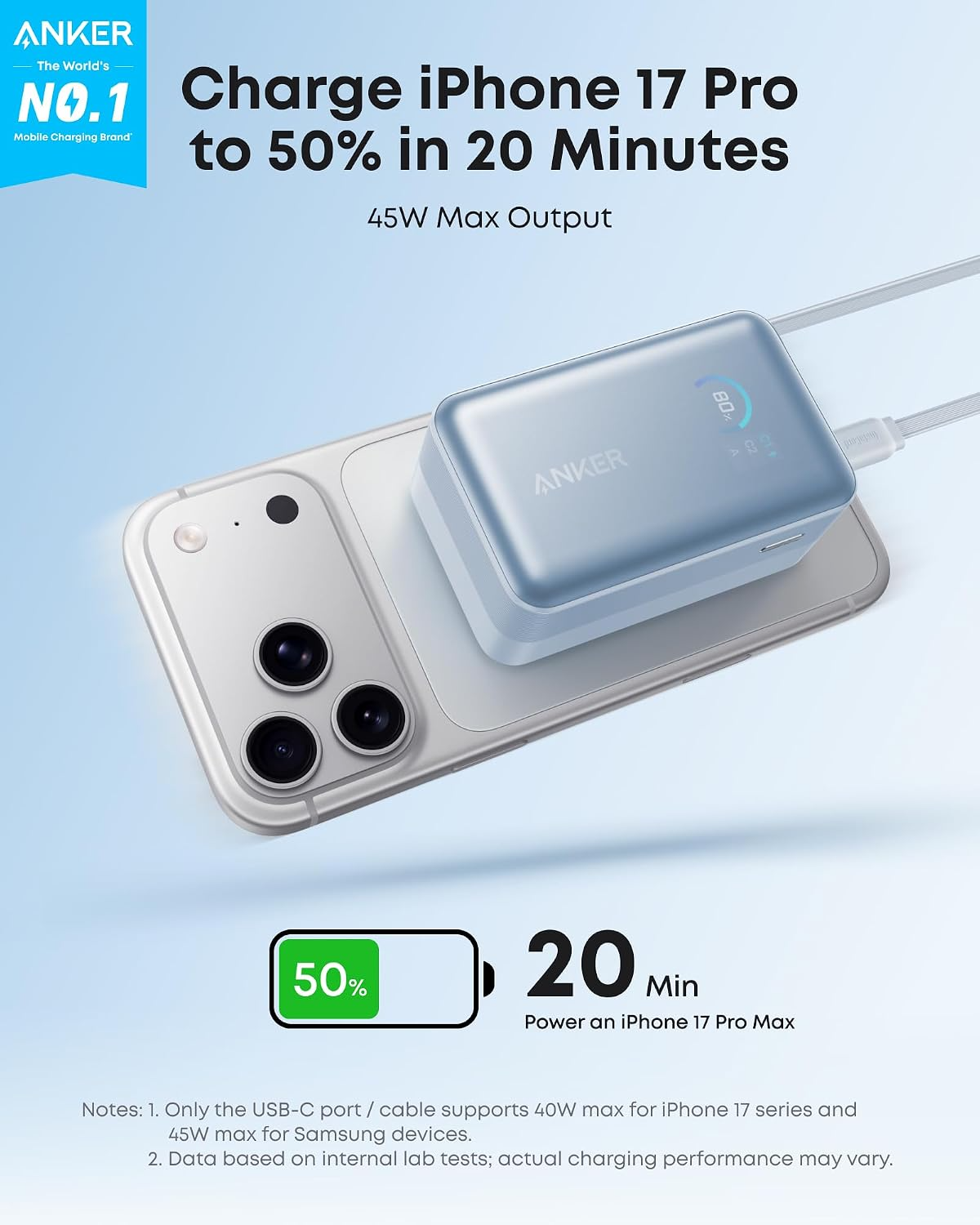 Batterie Externe Anker Nano, 10000mAh, 45W, QC + PD, 1 x USB-A - 2 x USB-C, Bleue
