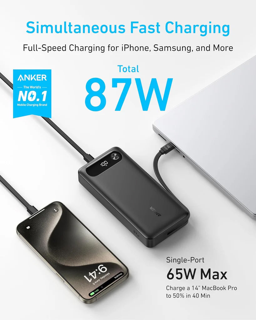 Batterie Externe Anker PowerCore, 20000mAh, 87W, QC + PD, 1 x USB-A - 2 x USB-C, Noire, Reconditionnée A1383H11