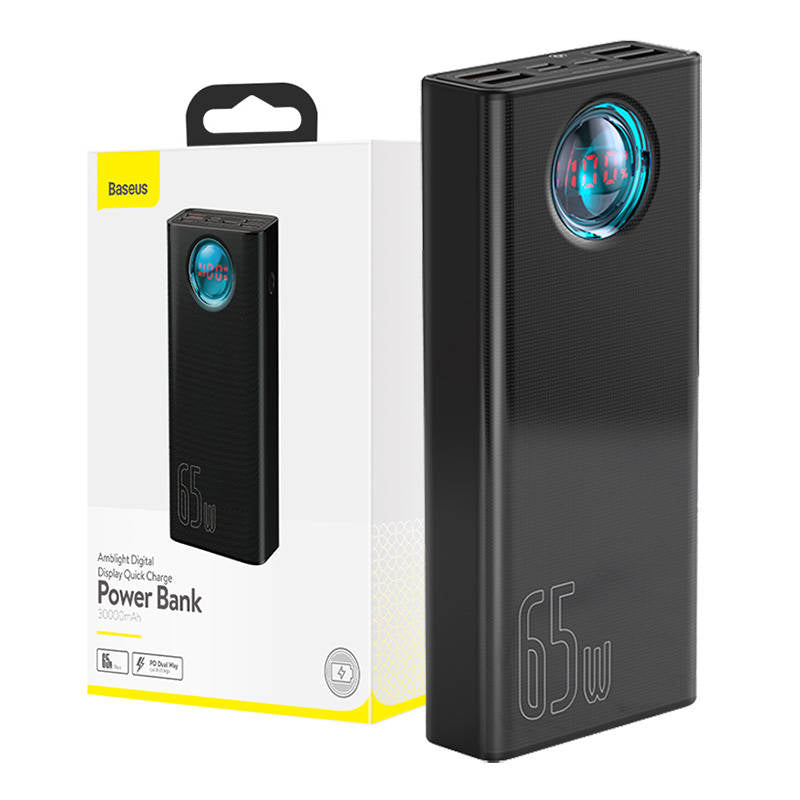 Batterie Externe Baseus Amblight Affichage Numérique, 30000mAh, 65W, QC + PD, 1 x USB-C - 4 x USB-A, Noire PPLG000101