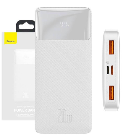 Externe Batterij Baseus Bipow, 10000mAh, 20W, QC + PD, 1 x USB-C - 2 x USB-A, Wit PPBD050502