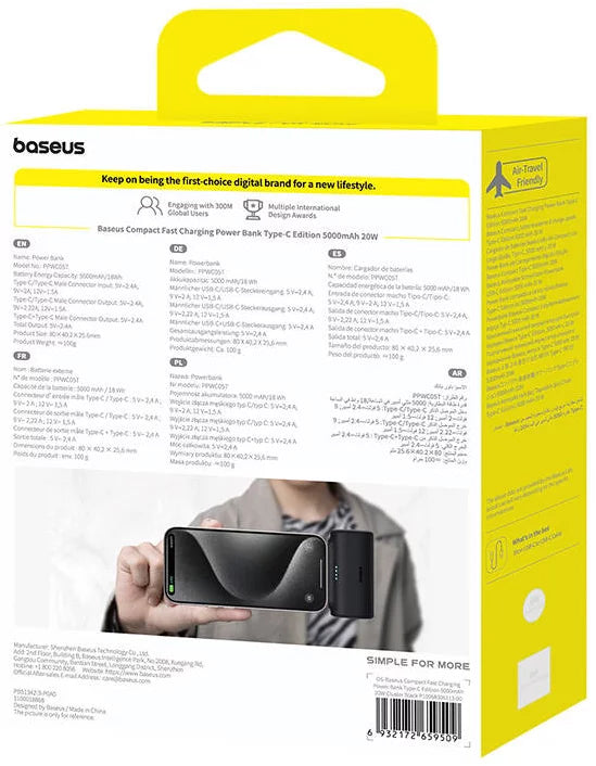 Batterie Externe Baseus Compact, 5000mAh, 20W, PD, 2 x USB-C, Noire P10068306113-00
